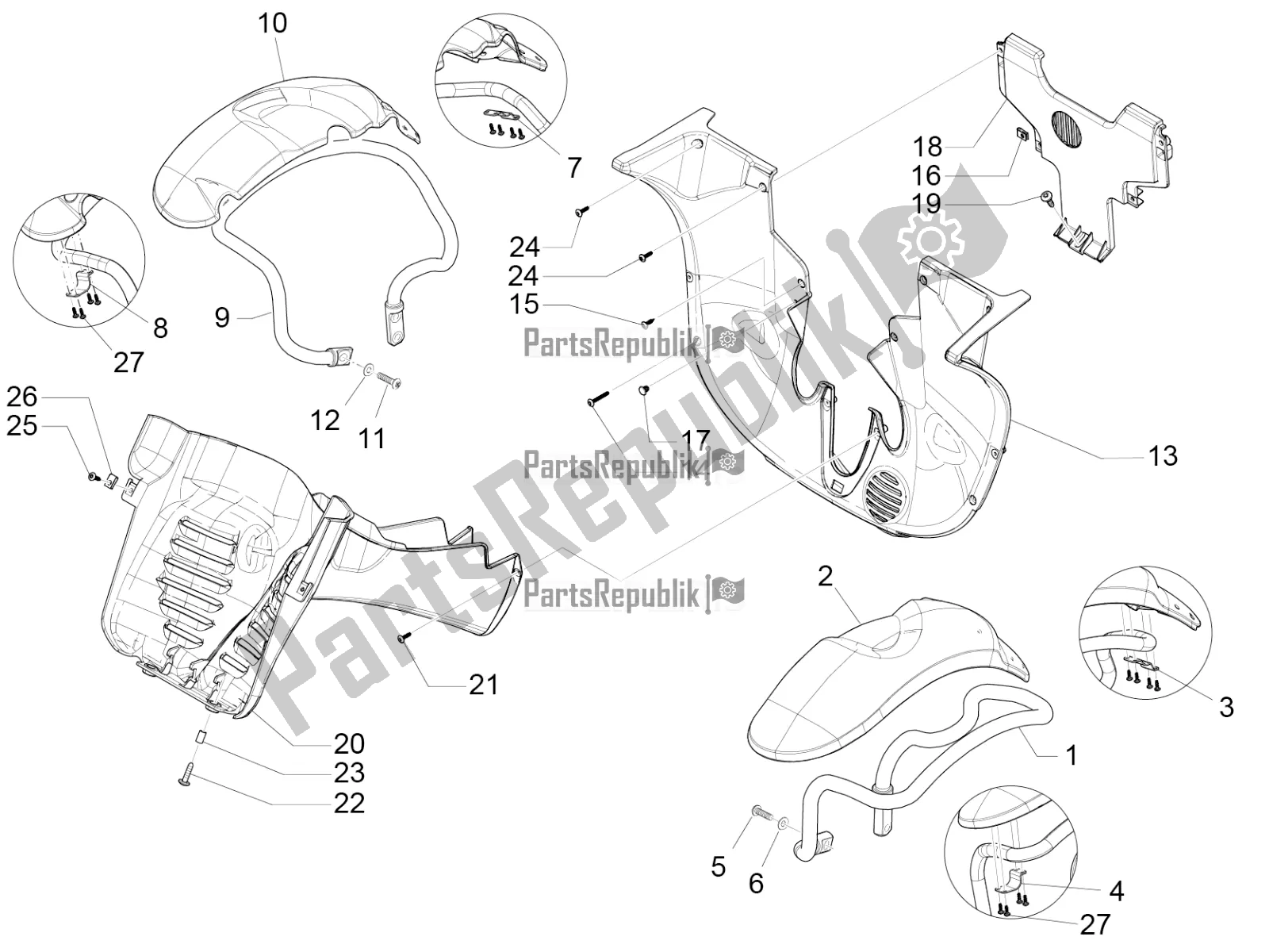 All parts for the Wheel Huosing - Mudguard of the Piaggio MP3 400 2020