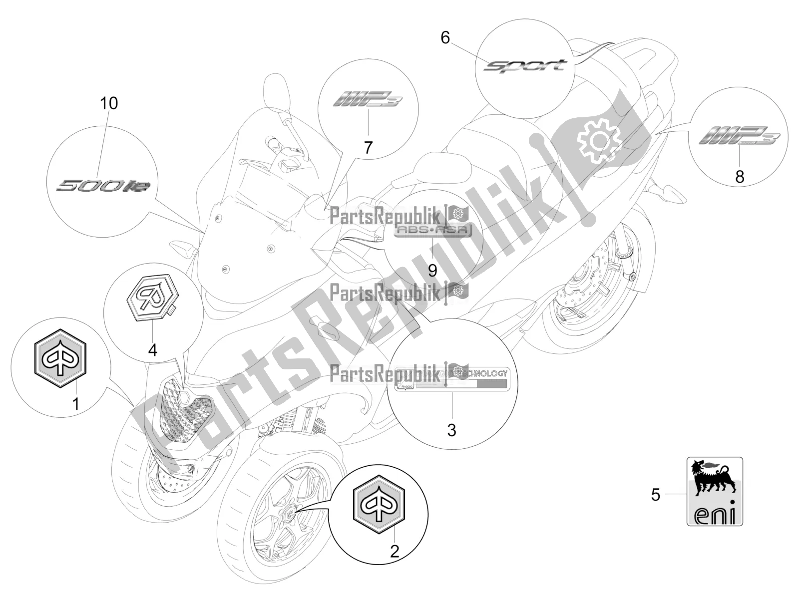 Tutte le parti per il Piatti - Emblemi del Piaggio MP3 500 LT Sport 2016