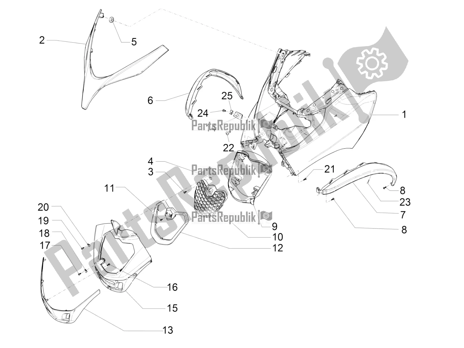 All parts for the Front Shield of the Piaggio MP3 500 LT Sport-Business 2016