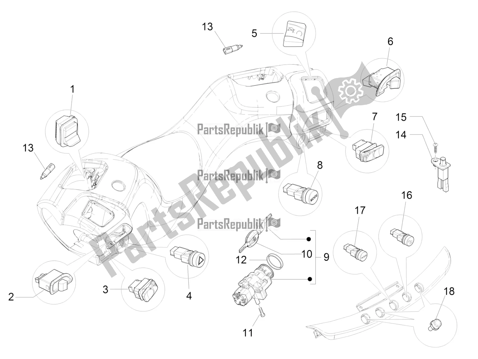 Toutes les pièces pour le Sélecteurs - Interrupteurs - Boutons du Piaggio MP3 500 LT Sport-Business 2016