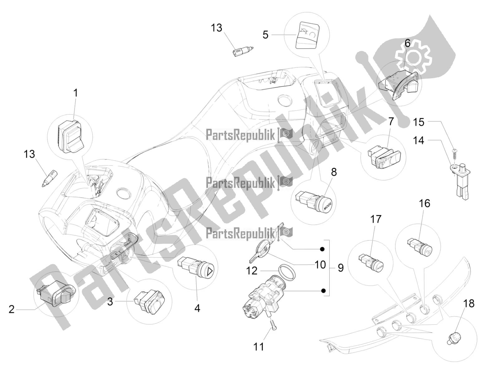 Toutes les pièces pour le Sélecteurs - Interrupteurs - Boutons du Piaggio MP3 500 LT Sport-Business 2017