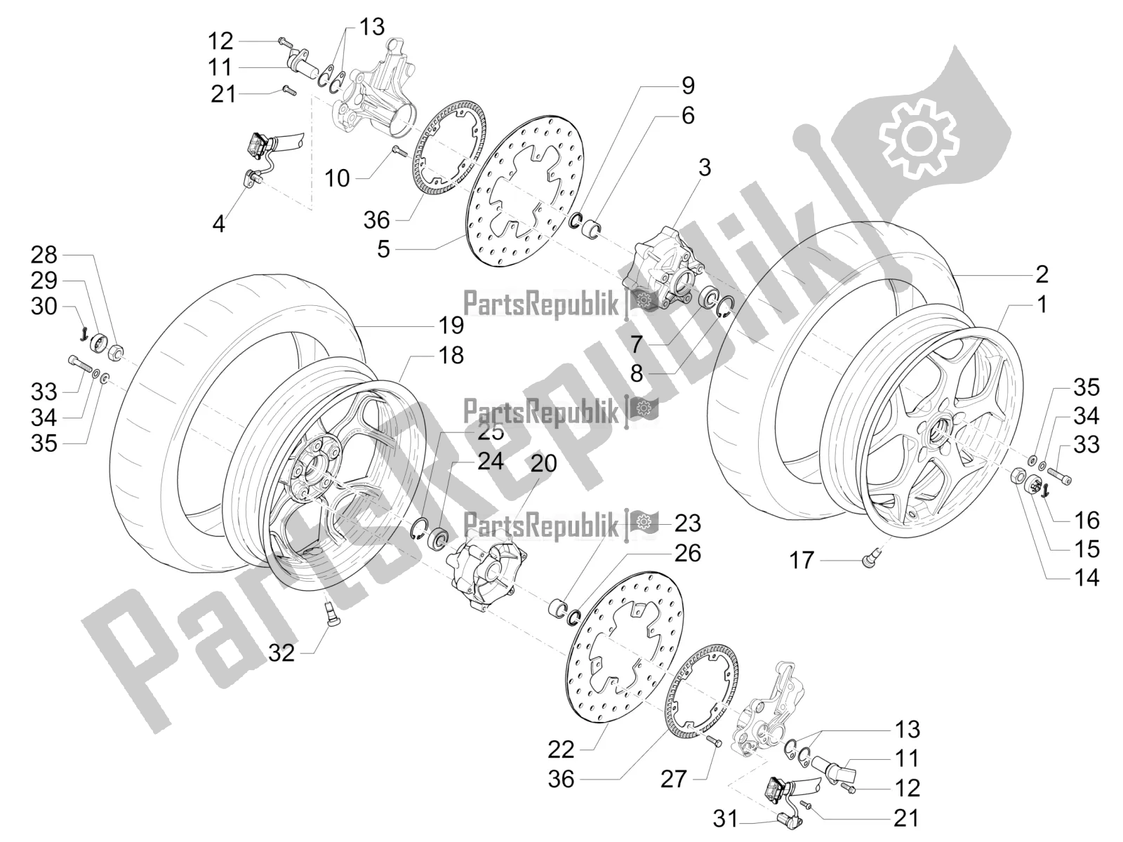 All parts for the Front Wheel of the Piaggio MP3 500 LT Sport-Business 2018