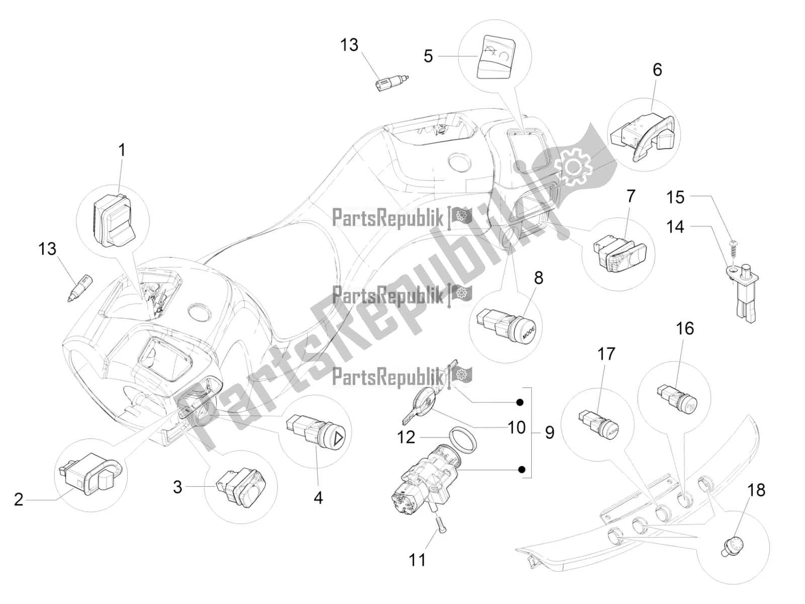 Alle onderdelen voor de Keuzeschakelaars - Schakelaars - Knoppen van de Piaggio MP3 500 LT Sport-Business 2018