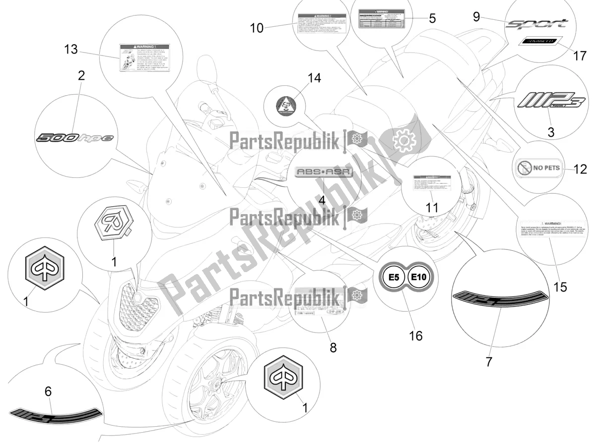 All parts for the Plates - Emblems of the Piaggio MP3 500 Maxi Sport ABS 2019