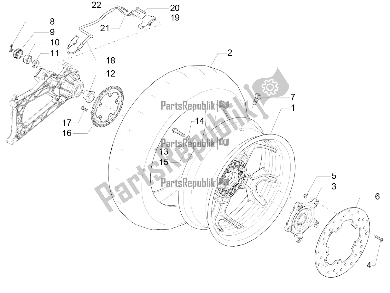 Alle onderdelen voor de Achterwiel van de Piaggio MP3 500 Sport Advanced 2022