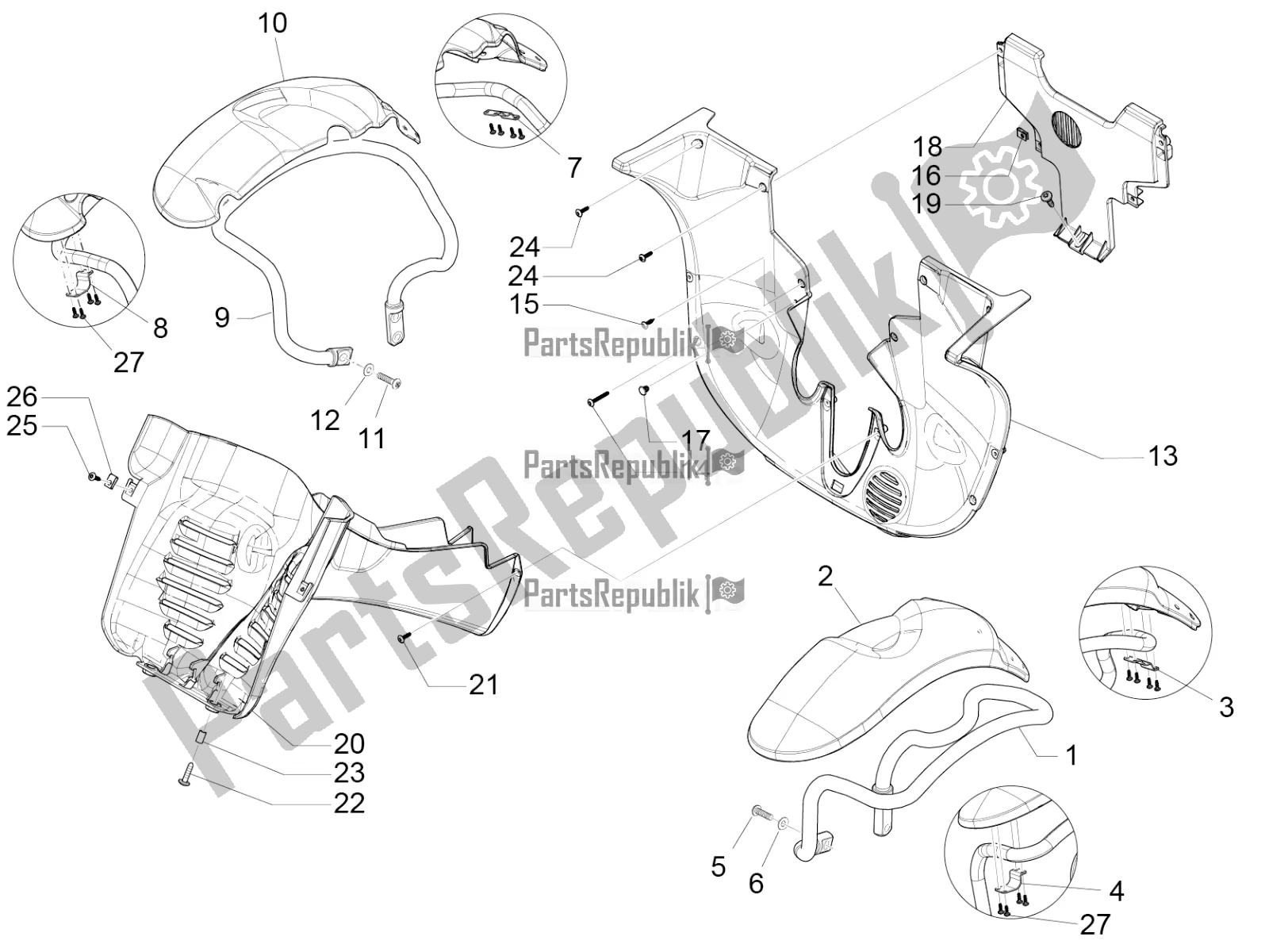 All parts for the Wheel Huosing - Mudguard of the Piaggio MP3 500 Sport Advanced 2022