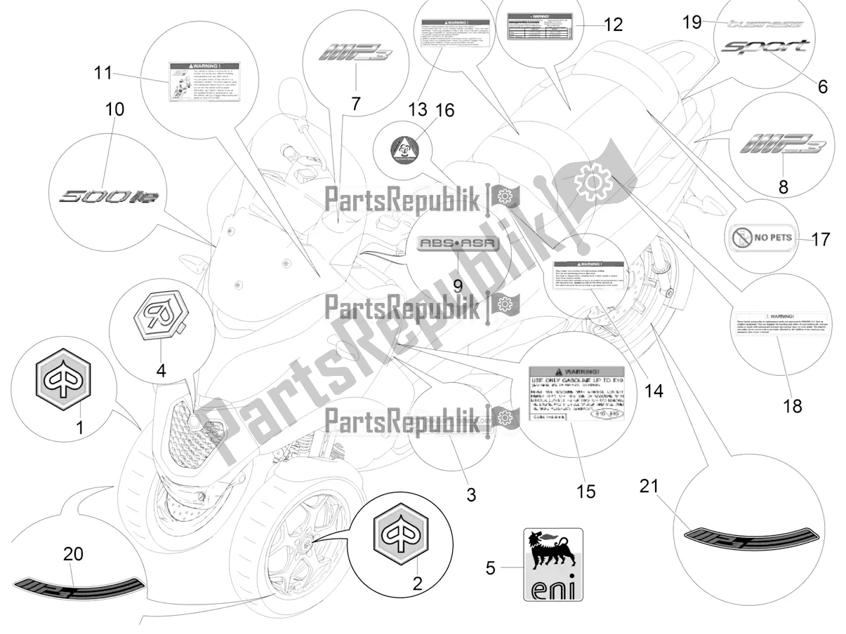 Todas las partes para Placas - Emblemas de Piaggio MP3 500 Sport Business ABS USA 2016