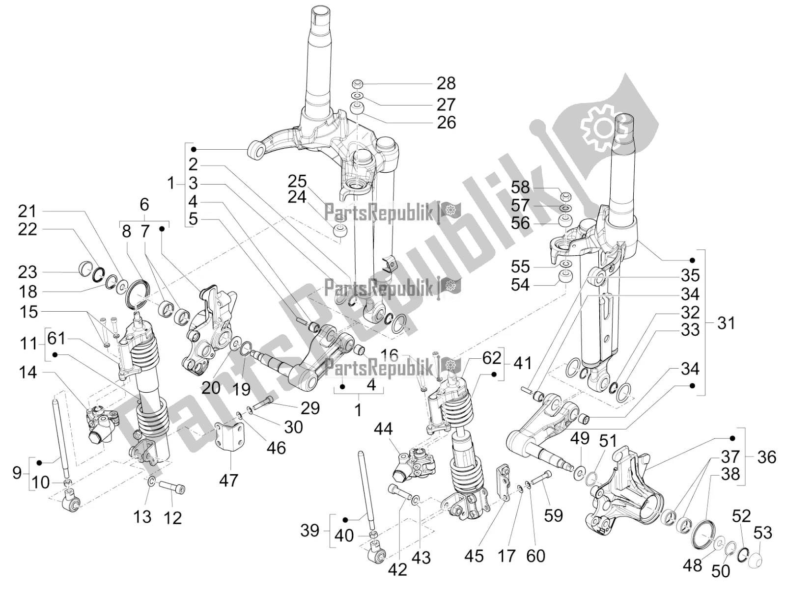 All parts for the Fork's Components (mingxing) of the Piaggio MP3 500 Sport Business ABS USA 2018