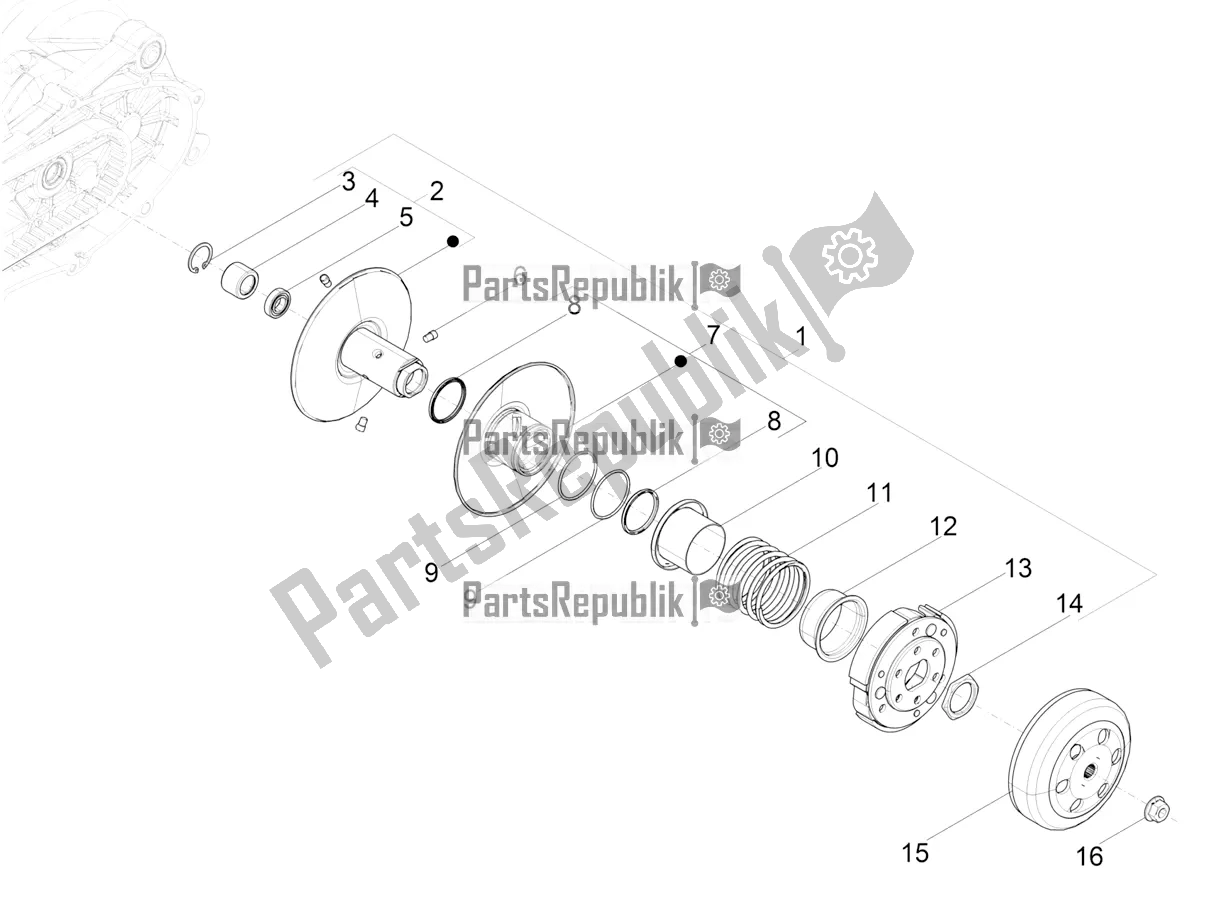 All parts for the Driven Pulley of the Piaggio Typhoon 50 2T 2018