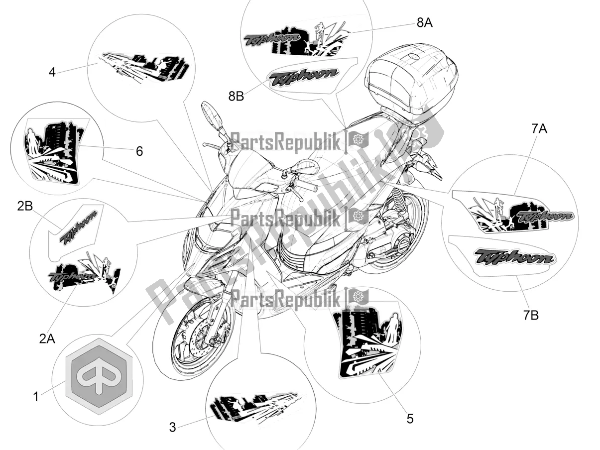 All parts for the Plates - Emblems of the Piaggio Typhoon 50 2T 2021