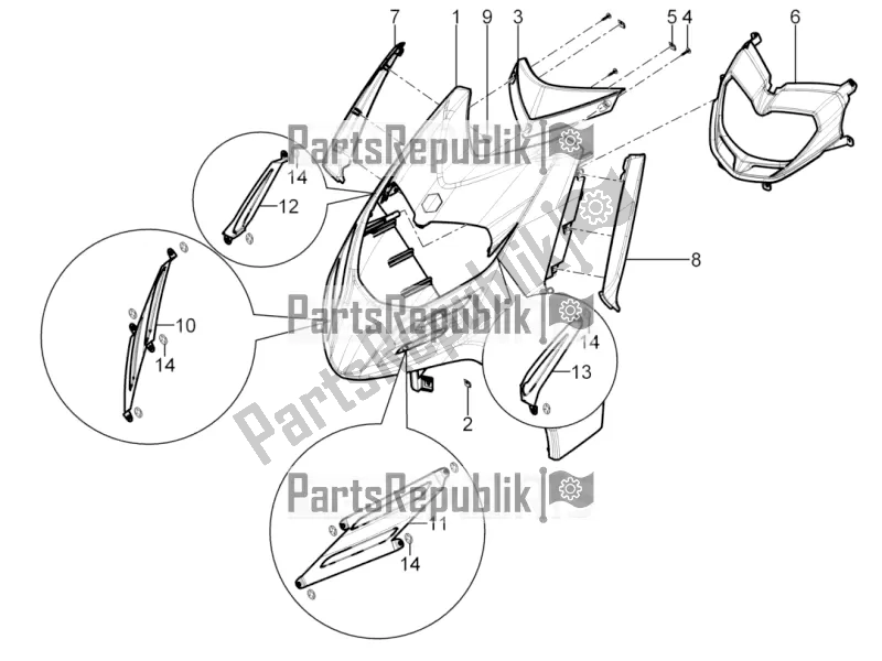 All parts for the Front Shield of the Piaggio Typhoon 50 4T 4V E2 USA, CA 2016