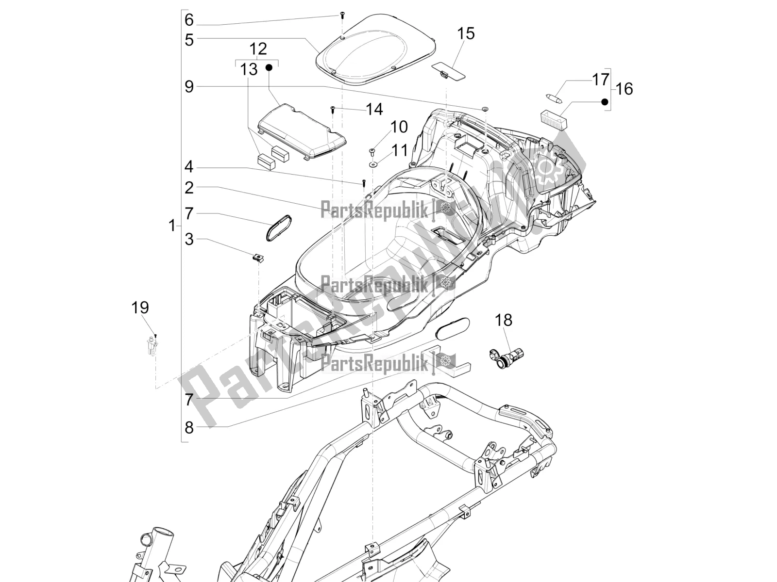 Alle onderdelen voor de Helmhuis - Onder Het Zadel van de Piaggio X EVO 125 UK 2016