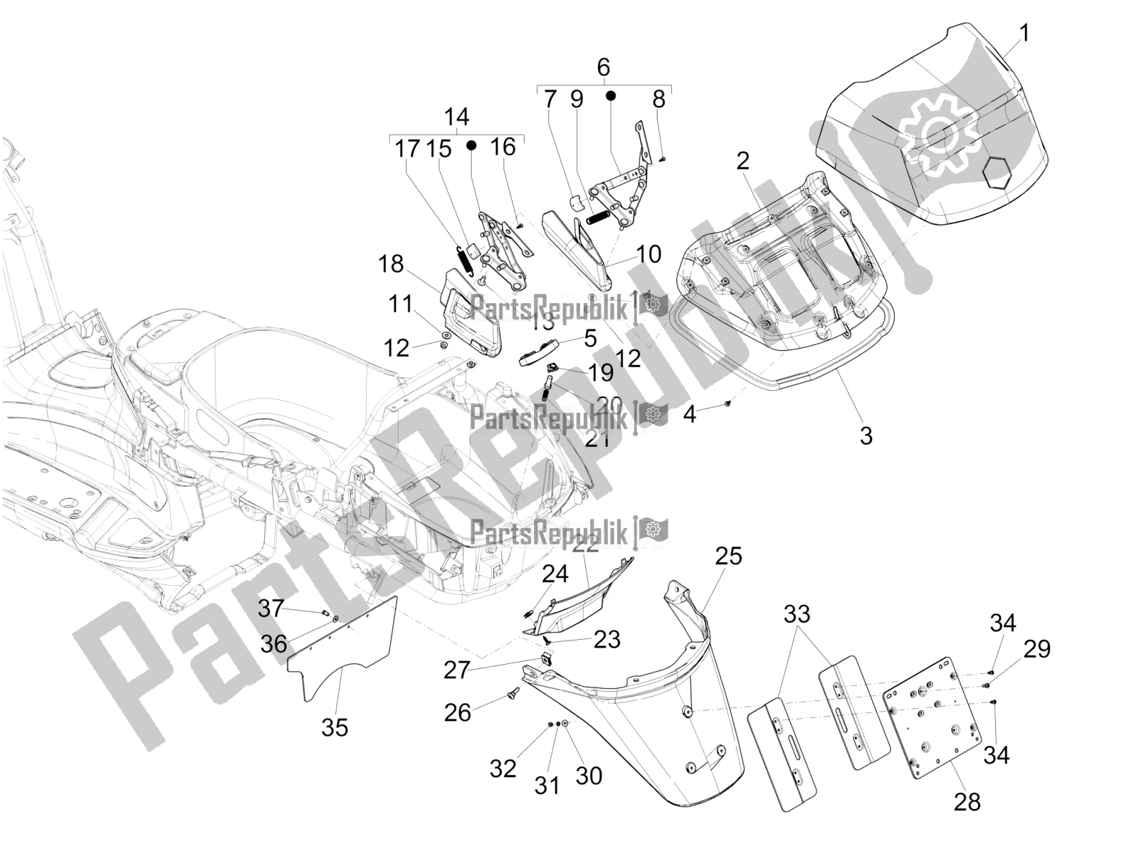 Toutes les pièces pour le Capot Arrière - Protection Contre Les éclaboussures du Piaggio X EVO 125 UK 2016