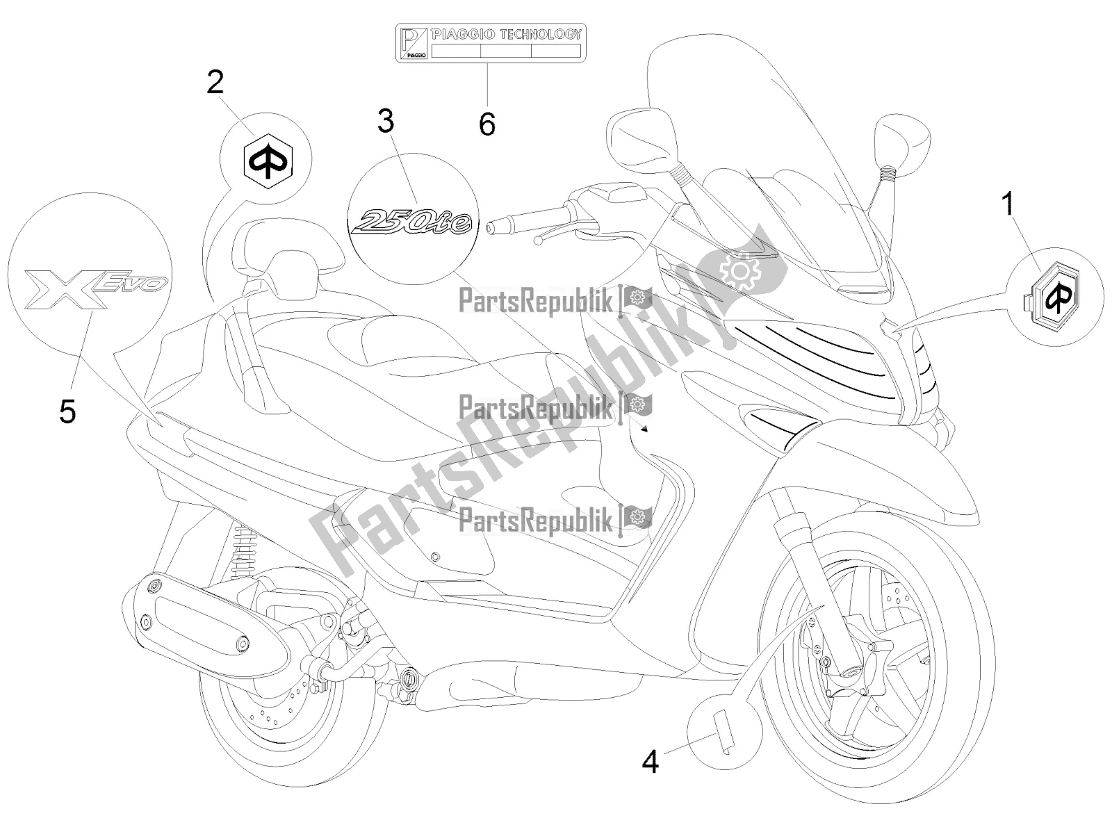 Tutte le parti per il Piatti - Emblemi del Piaggio X EVO 250 2016