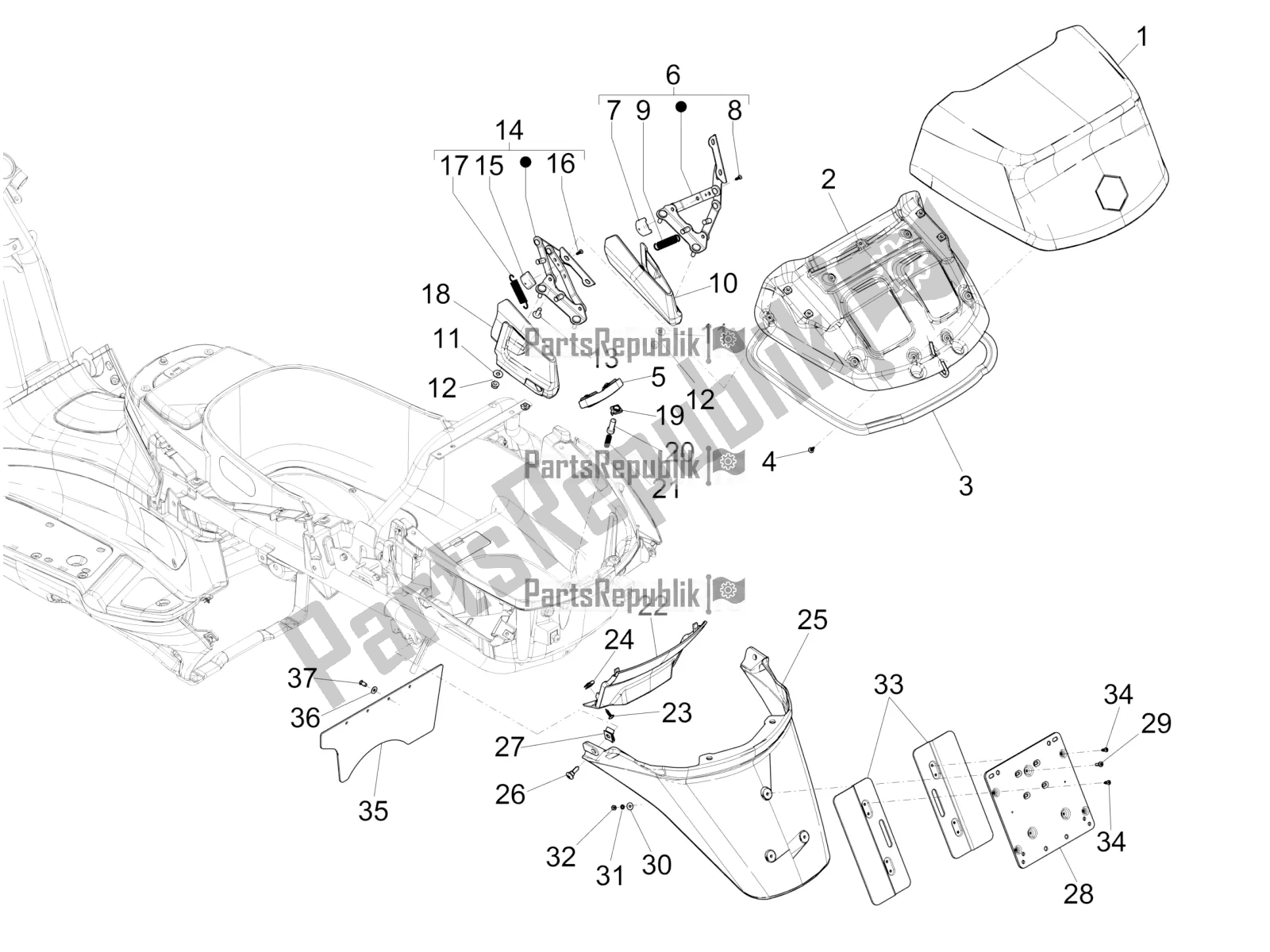 Toutes les pièces pour le Capot Arrière - Protection Contre Les éclaboussures du Piaggio X EVO 250 2016