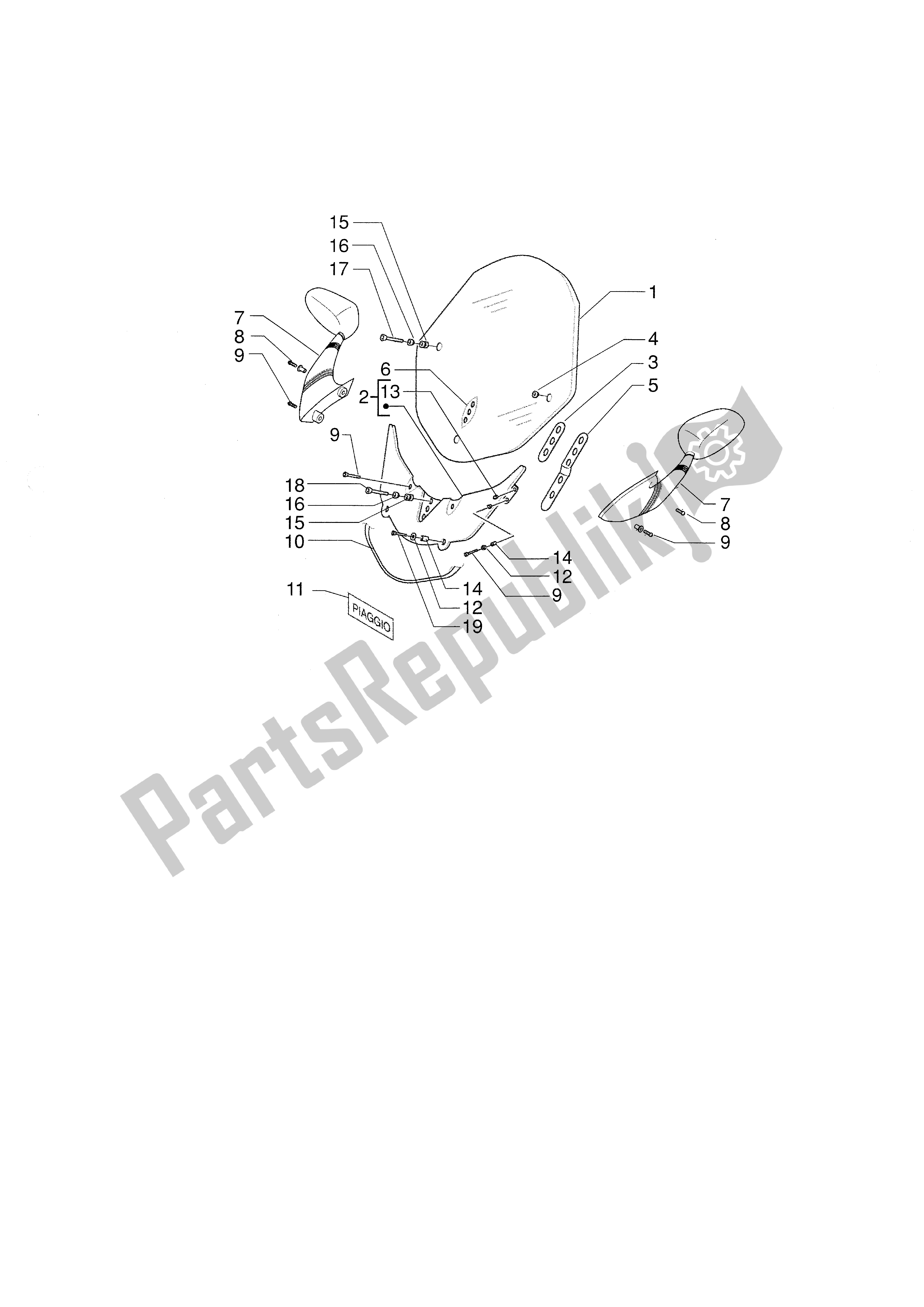 All parts for the Windscreen of the Piaggio X9 500 2001 - 2002