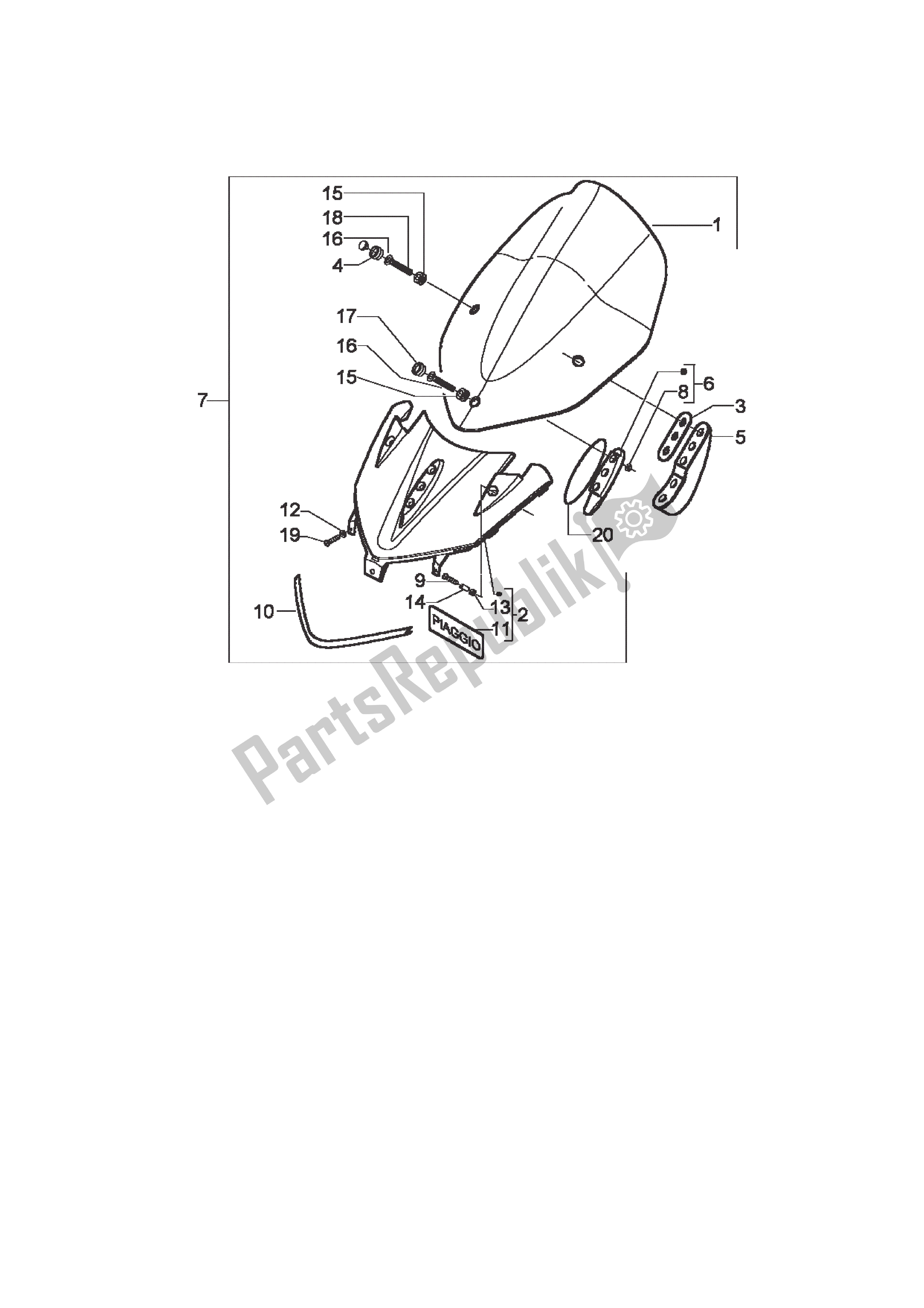 All parts for the Windscreen of the Piaggio X9 500 2003 - 2004
