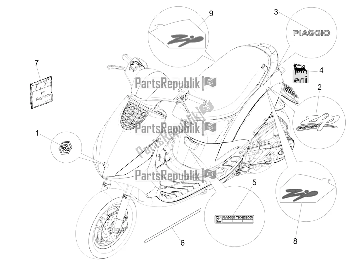 All parts for the Plates - Emblems of the Piaggio ZIP 100 4T Apac 2021