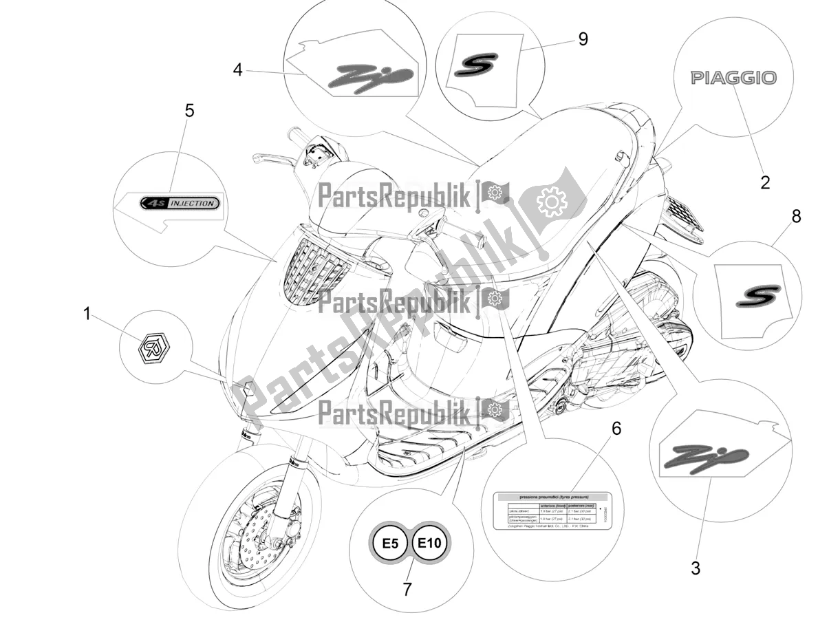 Alle onderdelen voor de Borden - Emblemen van de Piaggio ZIP 50 4T 25 KM/H 2019