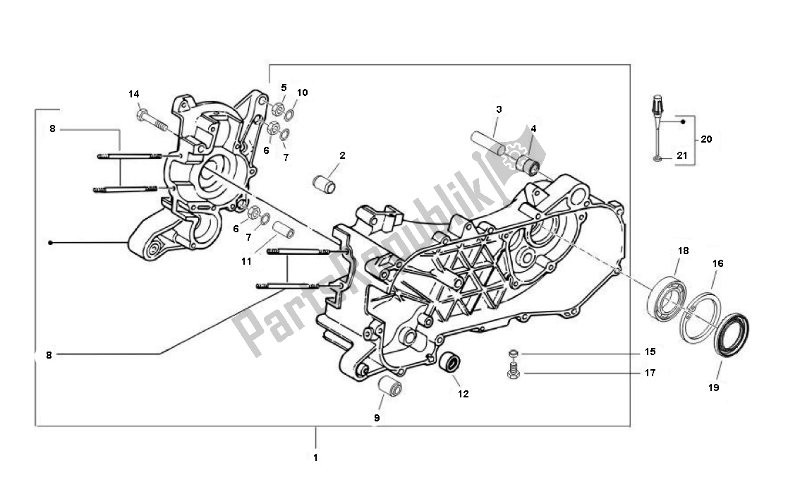 All parts for the Crankcase of the Piaggio Prima Vera 2T 45 KM H 50 2000 - 2010