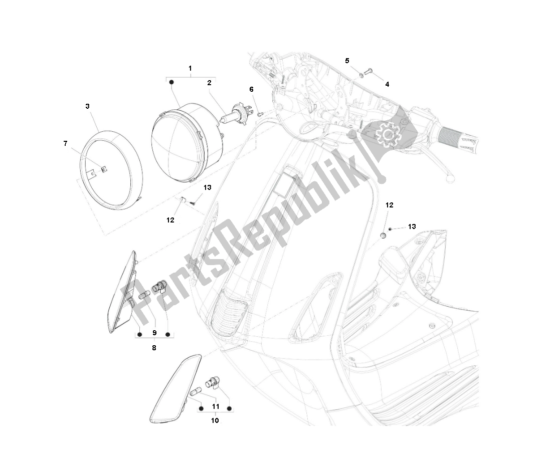 All parts for the Headlight of the Piaggio Prima Vera 2T 45 KM H 50 2000 - 2010