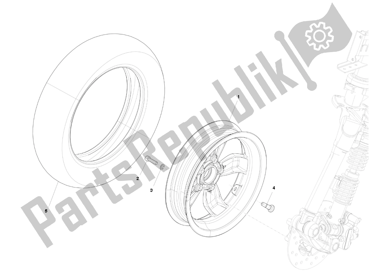 All parts for the Front Wheel of the Piaggio Prima Vera 2T 45 KM H 50 2000 - 2010