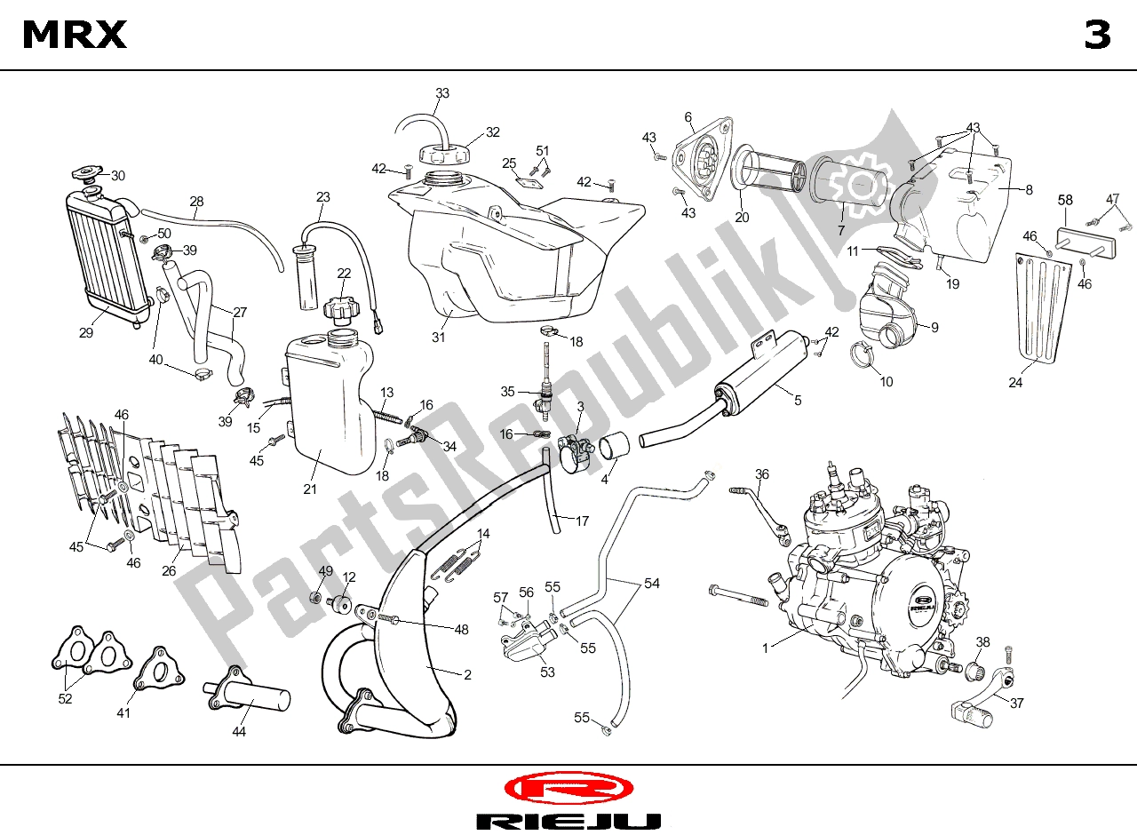 Todas las partes para Radiateur/benzinetank/uitlaat de Rieju MRX Geel 2004 Voor 2005 50 2004