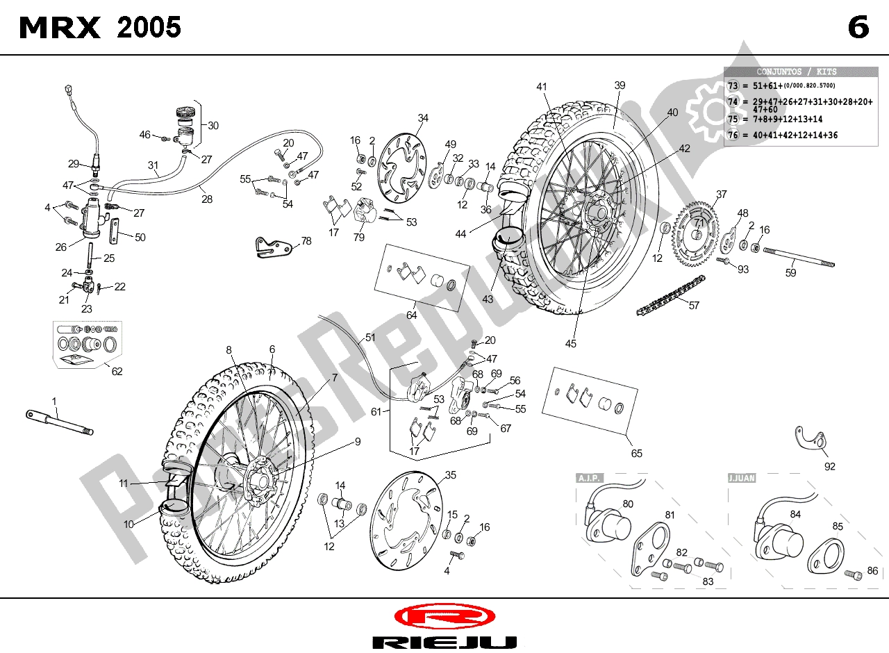 Alle onderdelen voor de Voor En Achterwiel Delen van de Rieju MRX Zwart 06 NA 2005 50 2006