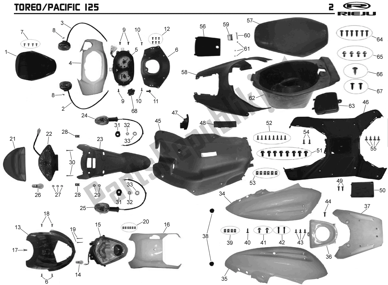 Tutte le parti per il Kapdelen del Rieju Pacific 125 Grijs Toreo 50 2000 - 2010