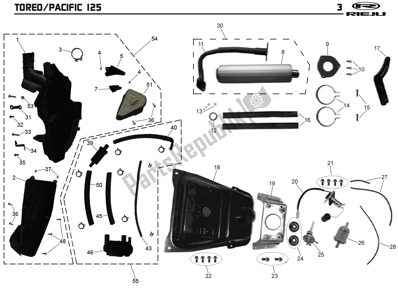 Alle onderdelen voor de Luchtfilter - Benzinetank - Einddemper van de Rieju Pacific 125 Grijs Toreo 50 2000 - 2010