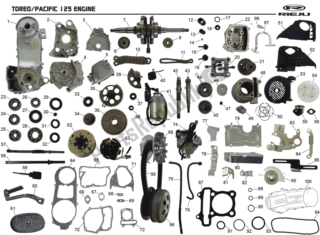 Alle onderdelen voor de Motor van de Rieju Pacific 125 Rood Toreo 50 2000 - 2010