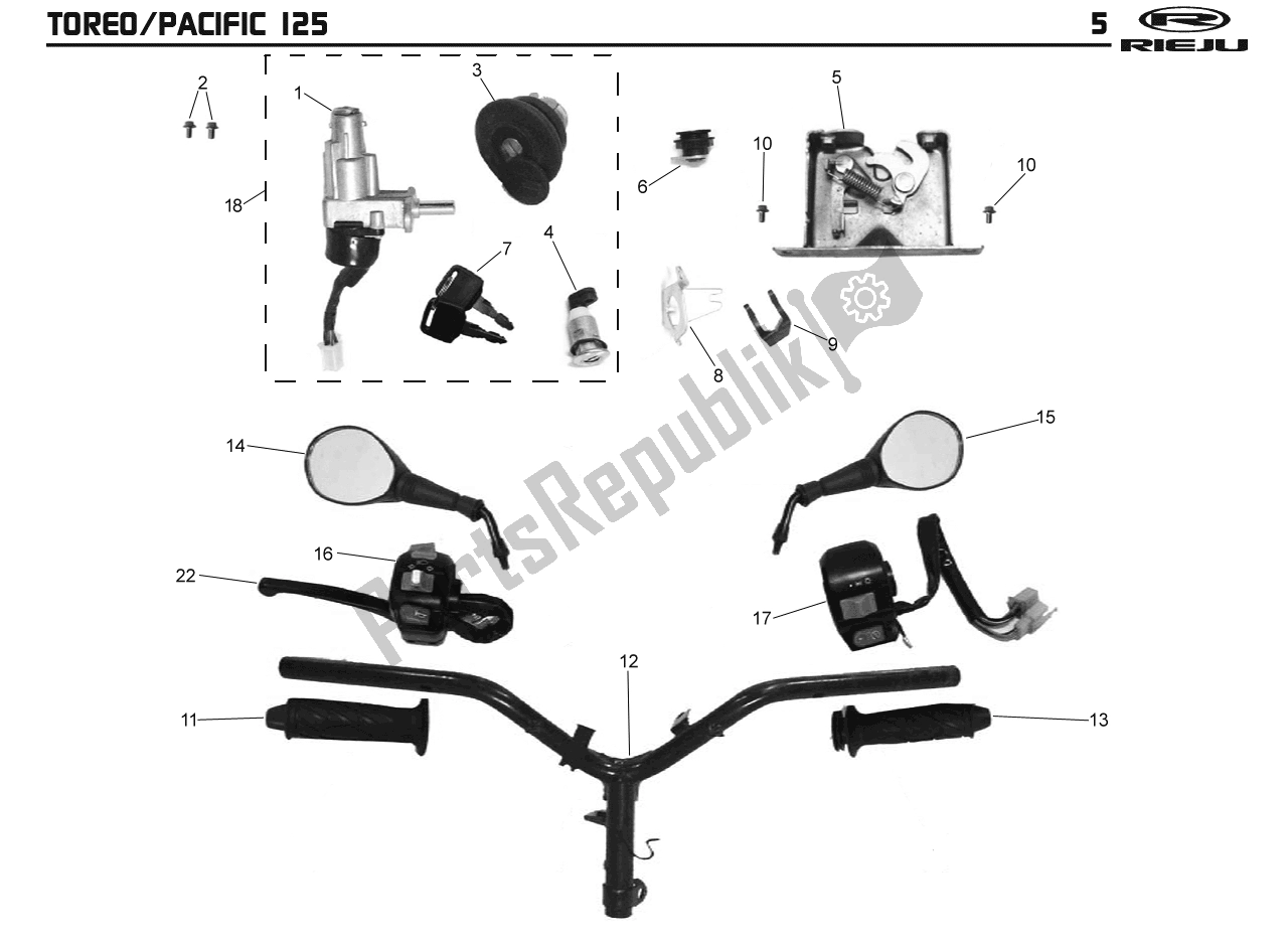 Alle onderdelen voor de Stuur - Spiegel - Stuurschakelaar - Contactslot van de Rieju Pacific 125 Rood Toreo 50 2000 - 2010
