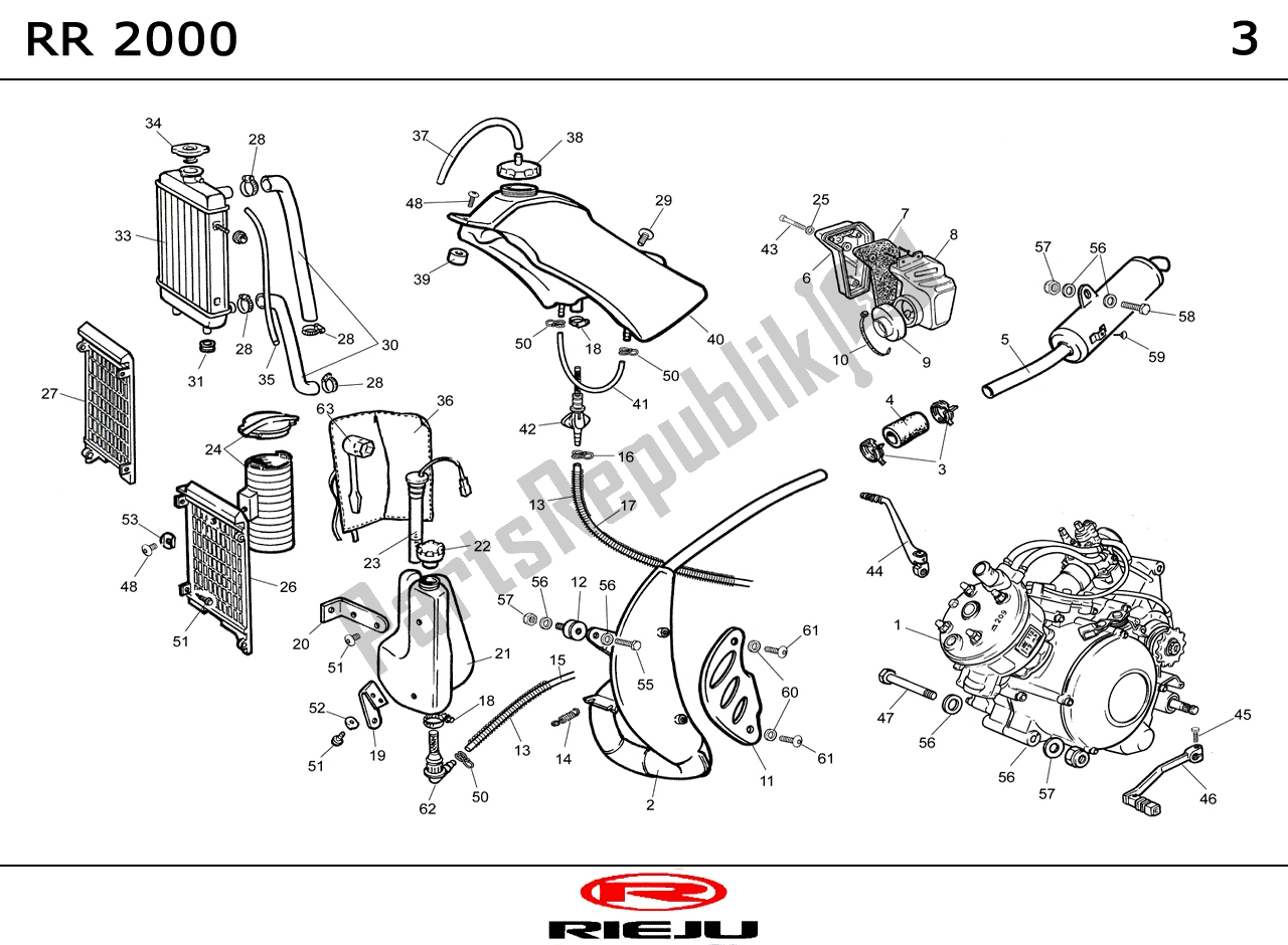 Alle onderdelen voor de Radiateur/benzinetank/uitlaat van de Rieju RR Castrol 2001 Voor 2005 50 2001