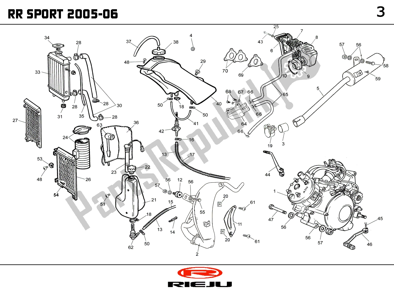 Alle onderdelen voor de Radiateur/benzinetank/uitlaat van de Rieju RR Edition Rood 07 NA 2005 50 2007