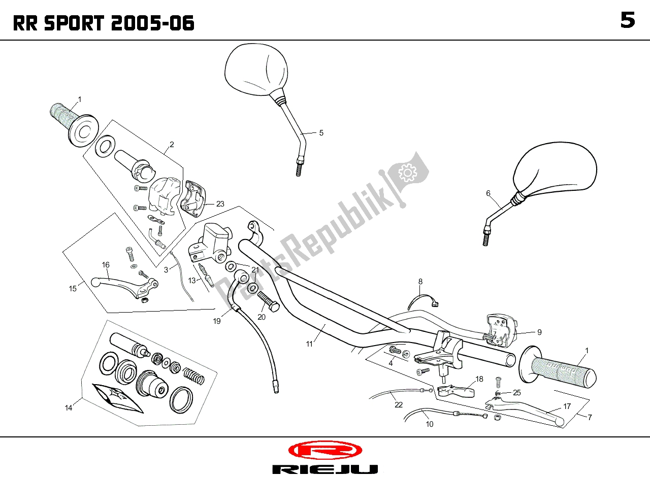 Alle onderdelen voor de Stuur Delen van de Rieju RR Edition Rood 07 NA 2005 50 2007