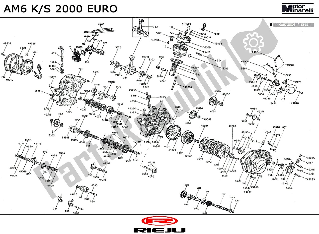 Alle onderdelen voor de Motor van de Rieju RR Sport Blauw 2004 Voor 2005 50 2004