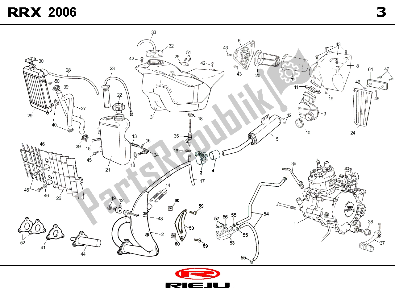 All parts for the Radiateur/benzinetank/uitlaat of the Rieju RRX Oranje 08 50 2008