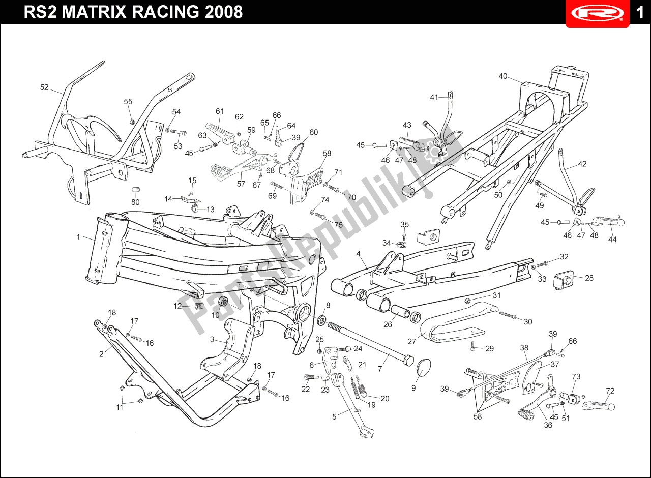 Alle onderdelen voor de Frame van de Rieju RS2 Blauw Zwart 2006 50 2006