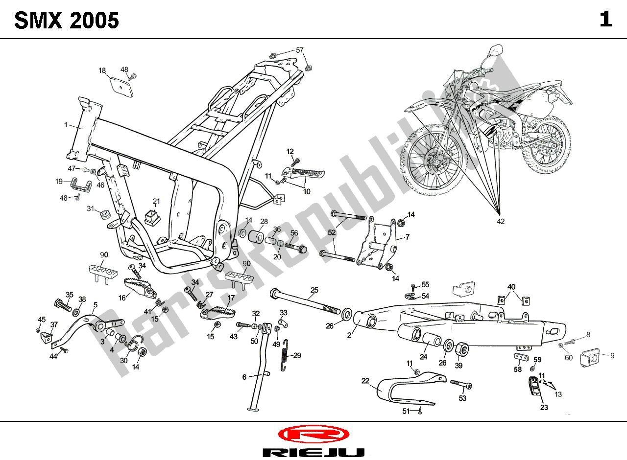 Alle onderdelen voor de Frame van de Rieju SMX P UP Rood 08 NA 2005 50 2008