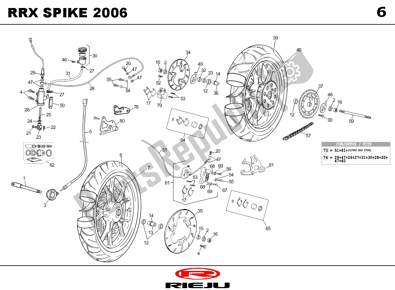 Alle onderdelen voor de Voor/achterwiel van de Rieju SMX P UP Rood 08 NA 2005 50 2008