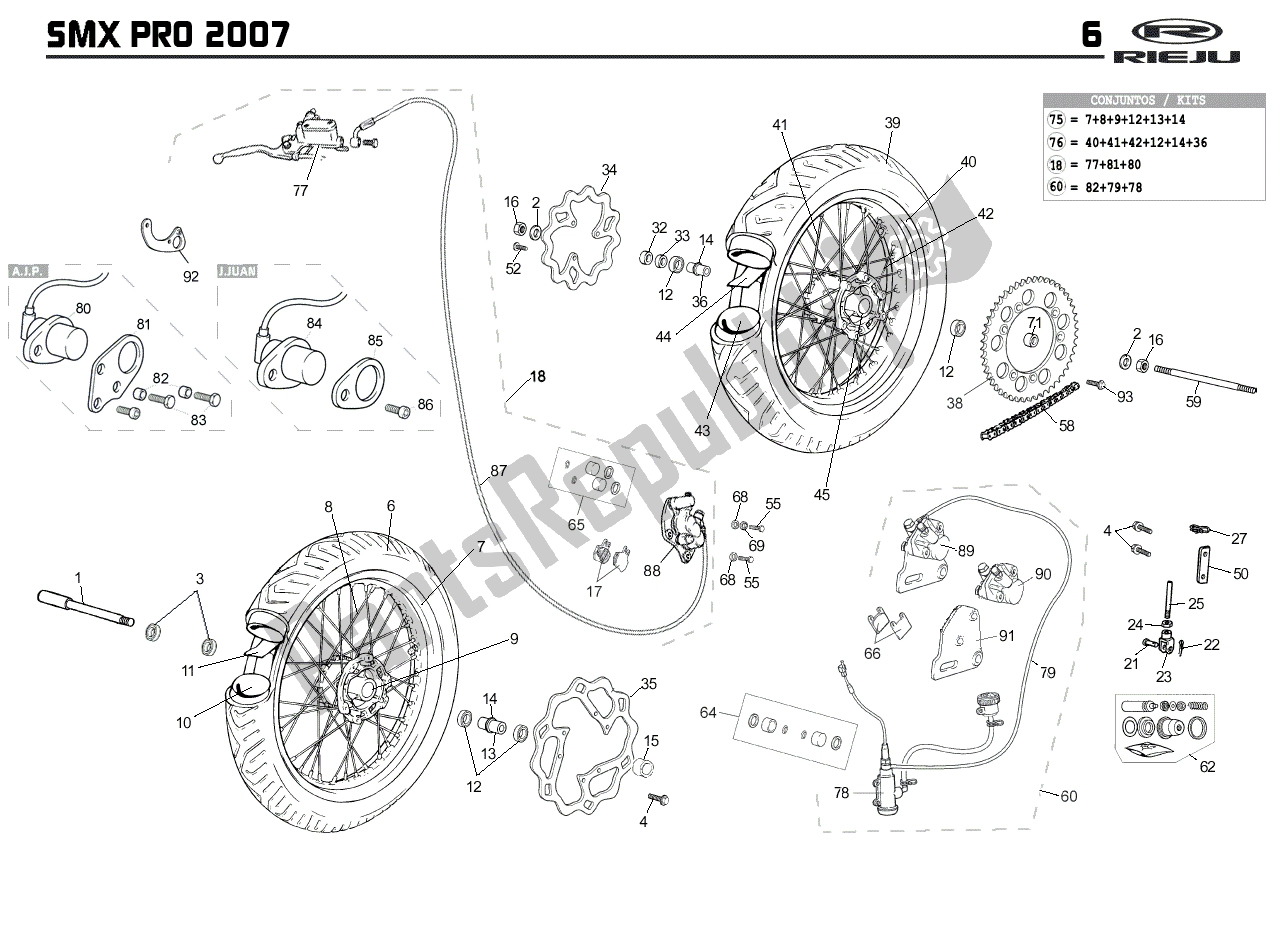 Alle onderdelen voor de Voor/achterwiel van de Rieju SMX PRO Oranje 08 NA 2005 50 2008