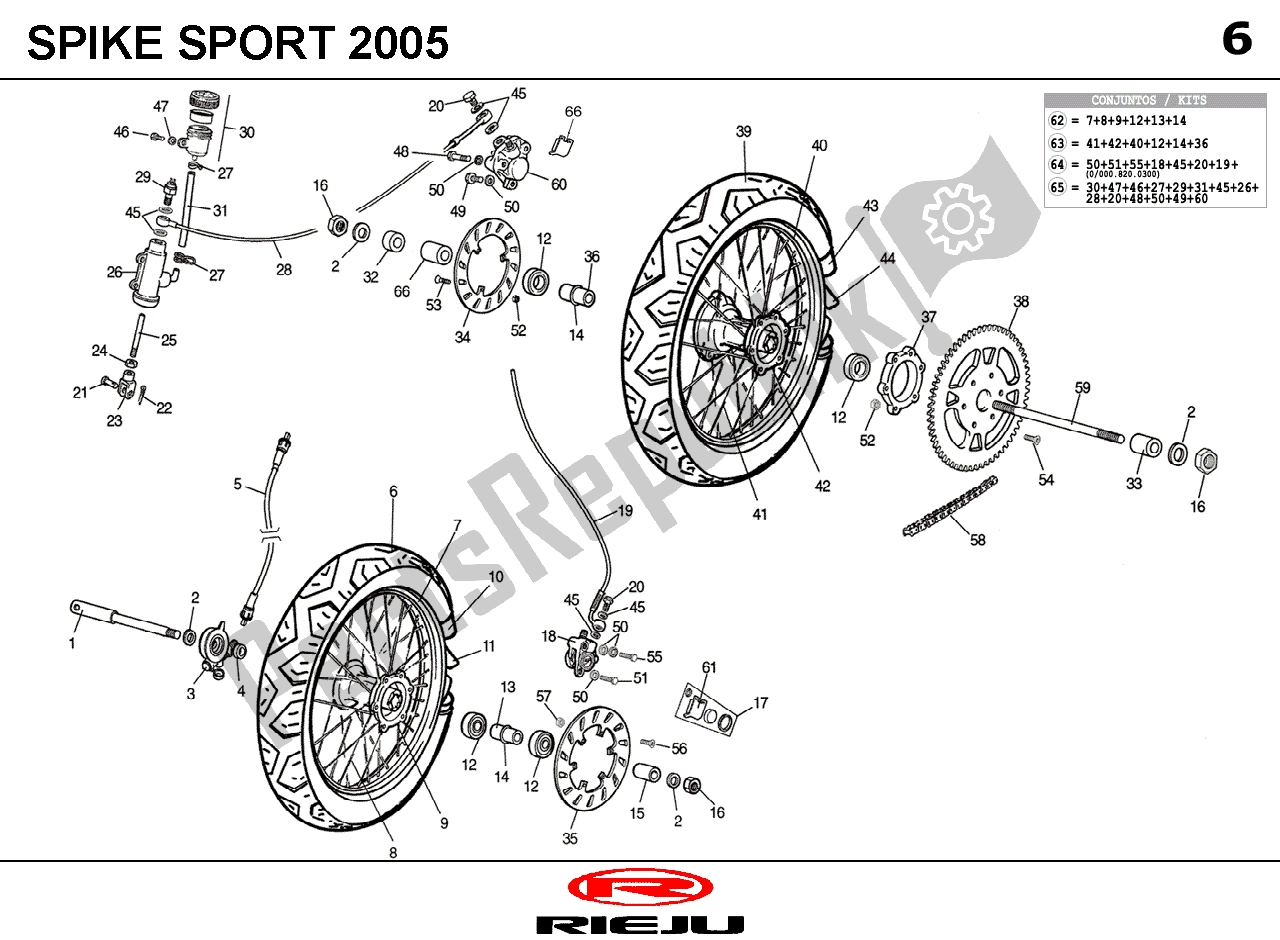 Alle onderdelen voor de Voor/achterwiel van de Rieju Spike Blauw 2005 NA 50 2000 - 2005