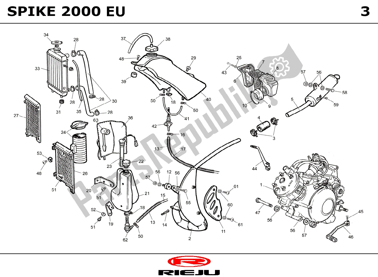 Alle onderdelen voor de Radiateur/benzinetank/uitlaat van de Rieju Spike Grijs ZW 2001 2000 50 2000 - 2005