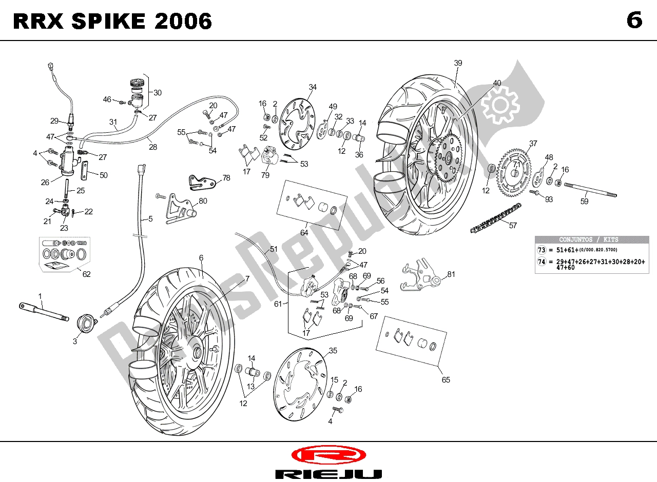 Alle onderdelen voor de Voor - Achterwiel van de Rieju Spike X Rood Spec 08 RRX 50 2008