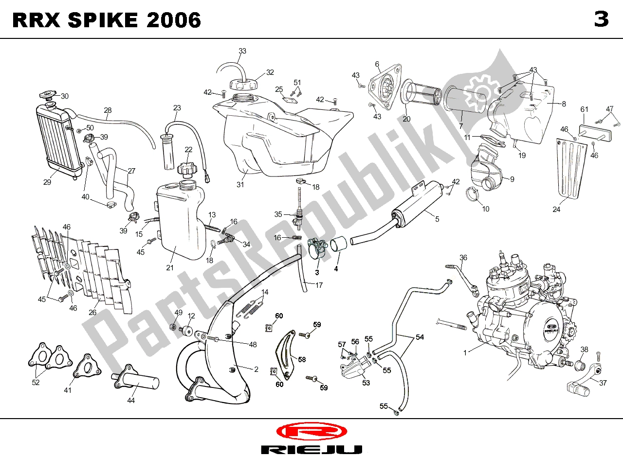 All parts for the Radiateur/benzinetank/uitlaat of the Rieju Spike X WIT 09 RRX 50 2009