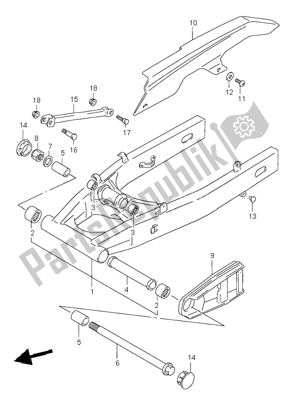 All parts for the Rear Swinging Arm of the Suzuki GSF 600N Bandit 1996