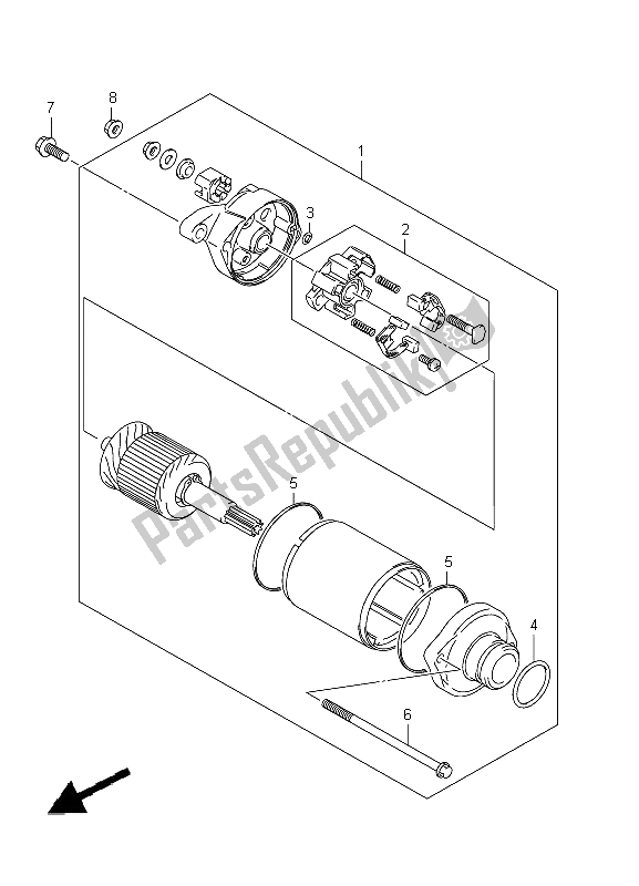 All parts for the Starting Motor of the Suzuki LT A 400Z Kingquad ASI 4X4 2012