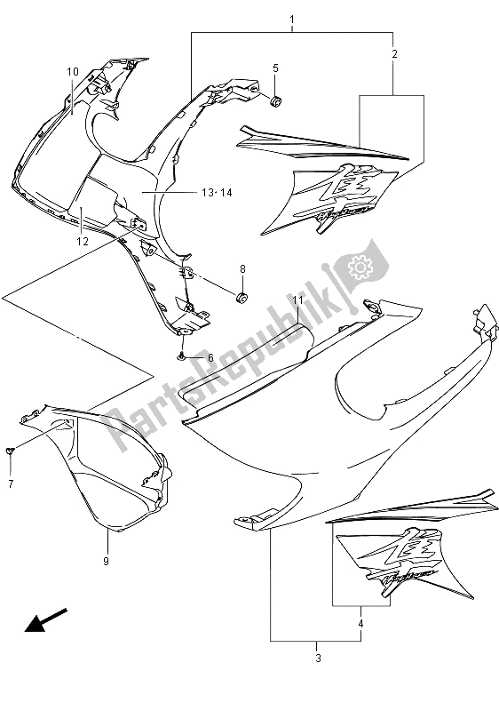 Toutes les pièces pour le Capotage Latéral du Suzuki GSX 1300 RA Hayabusa 2015