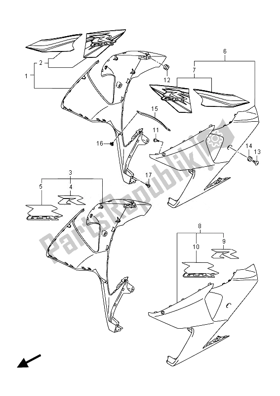 All parts for the Side Cowling of the Suzuki GSX R 1000 2014