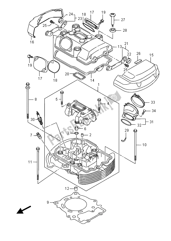 All parts for the Cylinder Head (front) of the Suzuki VL 1500T Intruder 2015